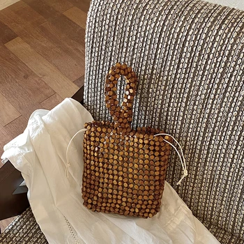 Borsa Tote Artigianale in Legno con Perline, Borsa a Secchiello Retrò Intrecciata con Manico Superiore e Perline, con Coulisse e Perline in Legno Naturale per la Spiaggia