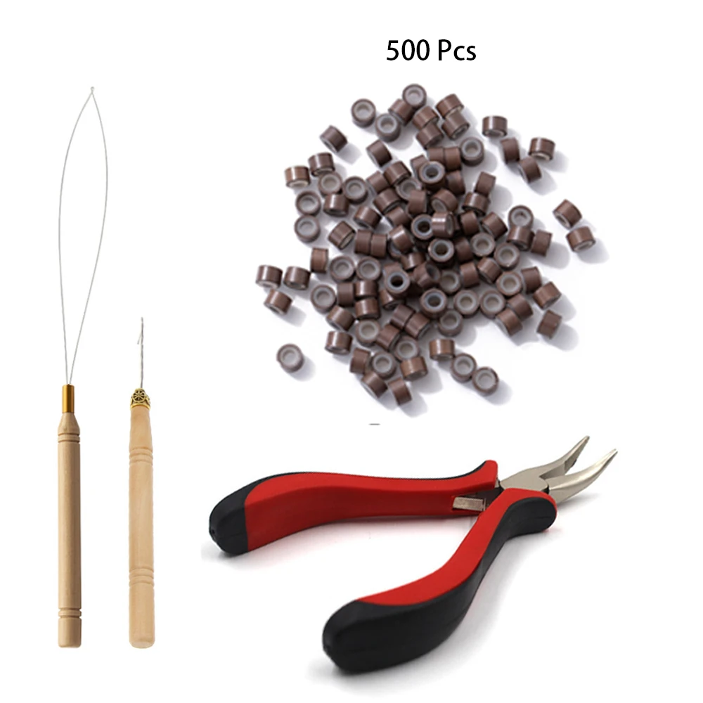 Hair Extensions Kit Bead Hair Extensions Threader Pulling Hook Pliers,Nano Link Tools 500PCS Silicone Rings Beads for Hair Style