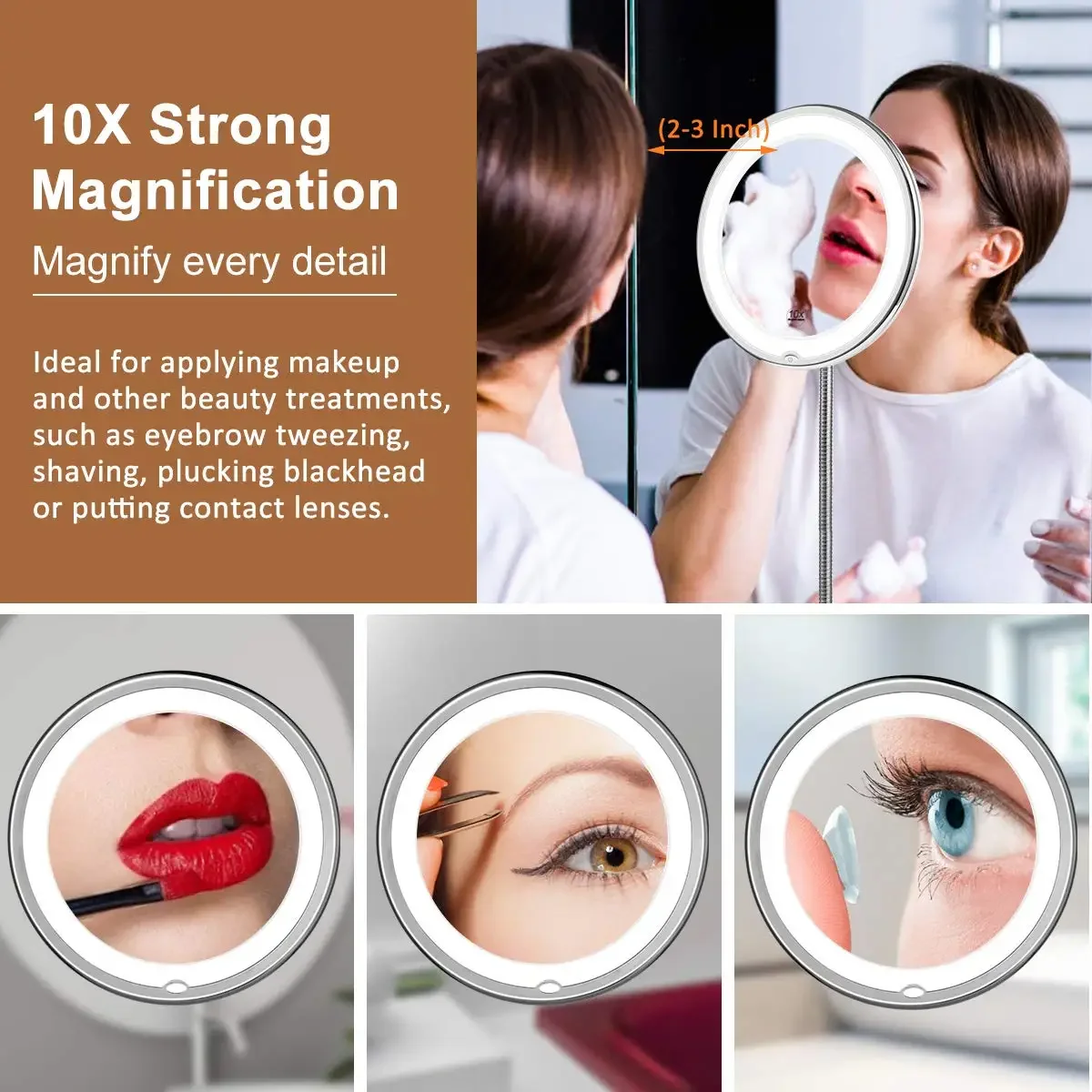 Flexible 10x Magnifying Vanity Mirror with LED Lighted Makeup Mirror Lighting Dressing Makeup Lamp Bottom Sucker 2