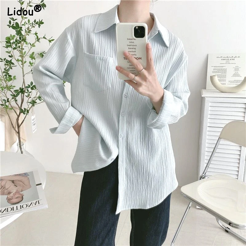 New Women's Clothing Pockets Comfortable Button Loose Fashion Spring Summer Casual Elegant Solid Screw Thread Simplicity Blouses