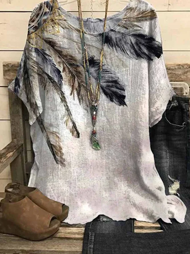 

Summer Blouse New Women's Top Vintage Round Neck Summer Ladies Tops Feather Print Casual Bat Sleeve Loose Blouses blusas