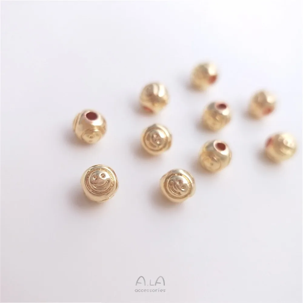 

Copper wrapped 14K real gold three sides engraved smiley face round beads 4mm handmade chain diy loose bead accessories