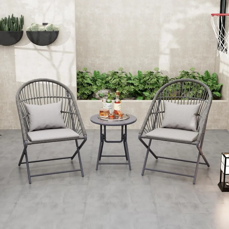 Foldable 3-Piece Patio Bistro Set with Folding Rattan Chairs and Round Table - Small Outdoor Furniture for Balcony, Garden 5