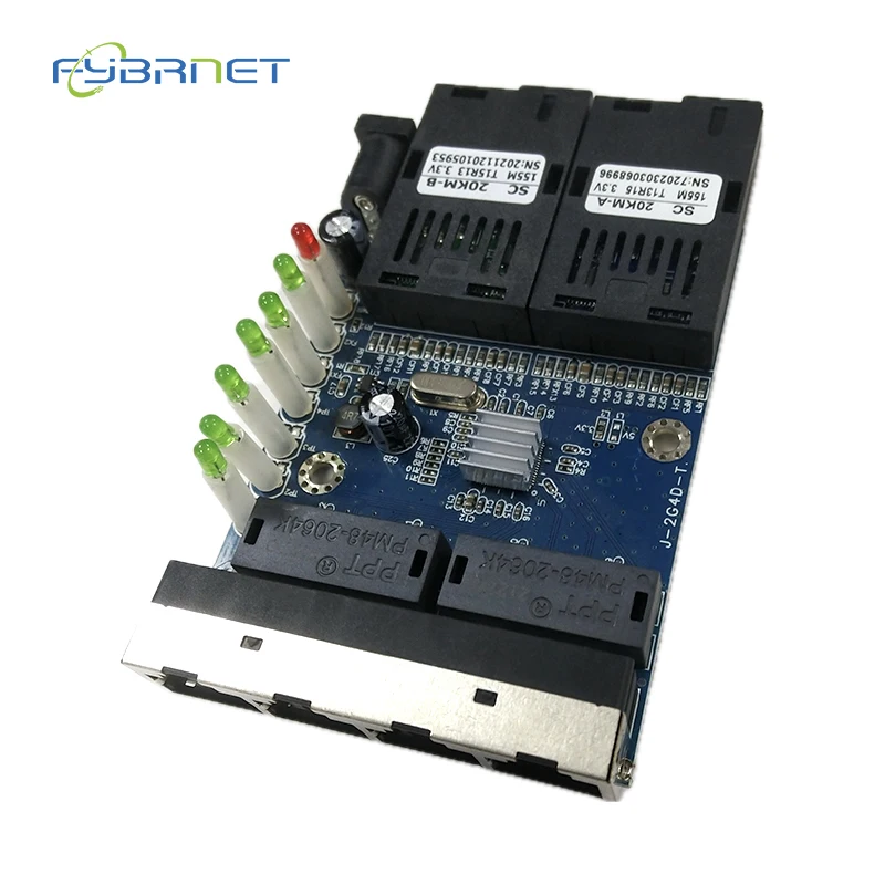10/100M 20KM PCBA Board Fiber Optic Media Converter 2 Fiber Port 4 RJ45 Port Single Mode simplex SC Optical fast Fiber Switch