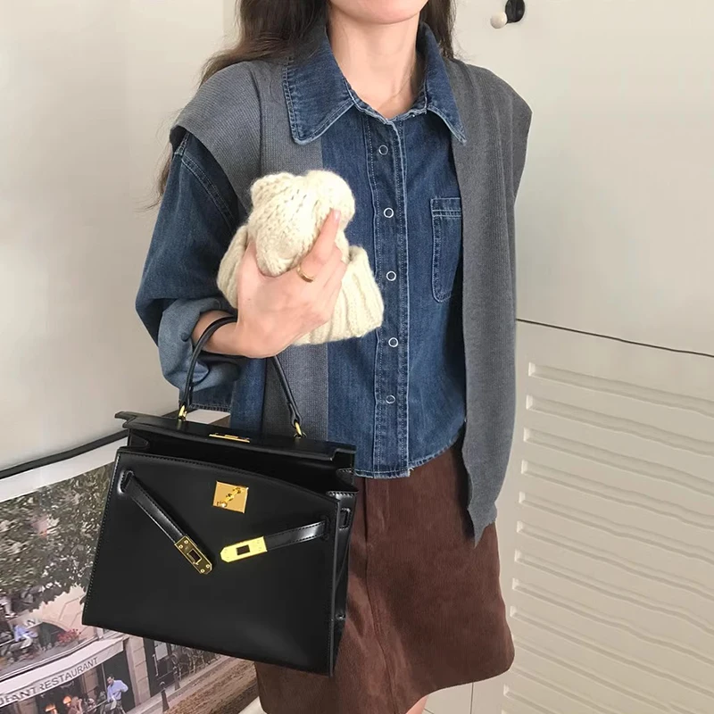 

Clothland Women Sweet Denim Blouse Long Sleeve With Shawl Cape Shirt Blue Black Chic Vintage Tops Blusa Mujer LA865