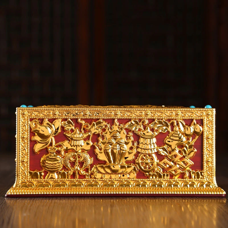 Tibetan Engraved Golden Plastic Paper Box Toilet Living Room Napkin Dispenser Buddhist Storage Box Organizer Desktop Decorative