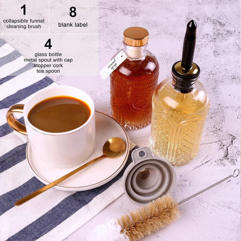 Coffee Syrup Dispenser, Glass Syrup Dispenser Simple Syrup Bottles 4 Pack 7oz with Metal Pour Spouts, Stopper Corks, Tea Spoons 5