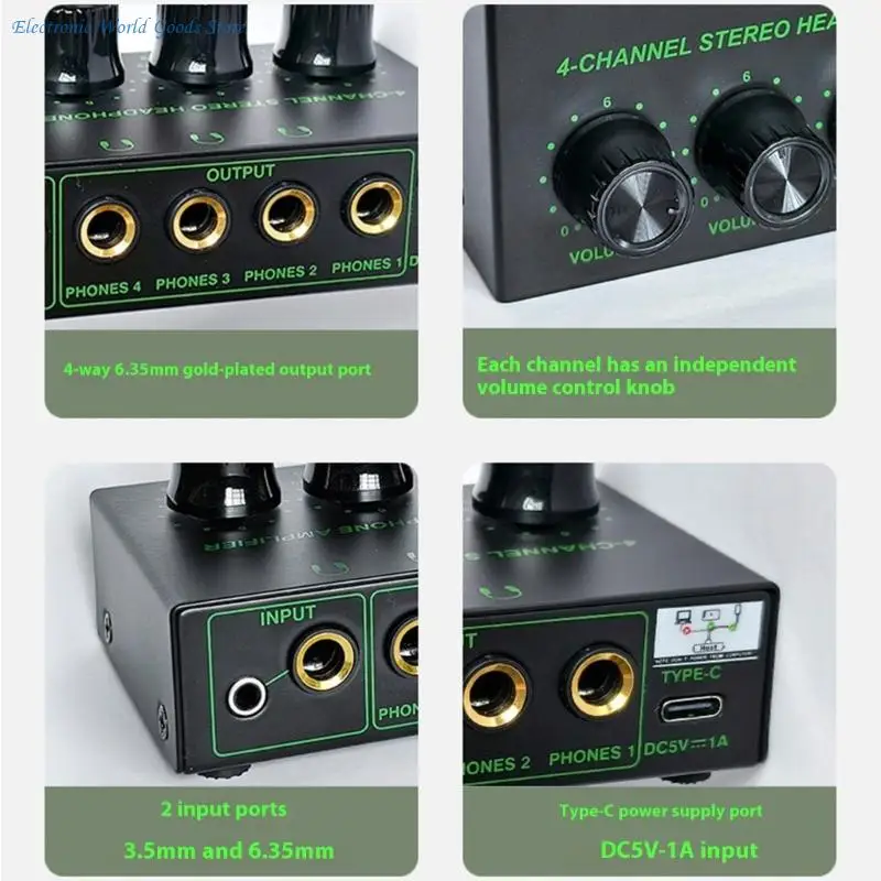 A3PD 사운드 앰프 스튜디오 용 USB C 전원 공급 장치 케이블 이어폰 분배기가있는 4 채널 스테레오 헤드폰 앰프