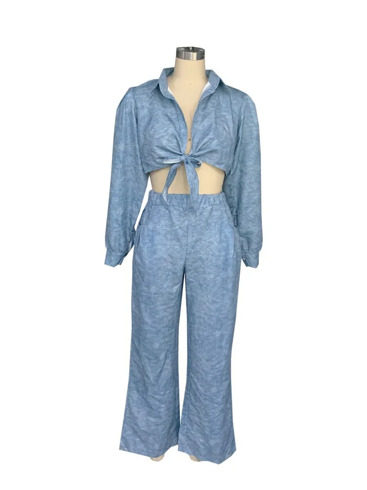 Wmstar Two Piece Set Women Wholesale Autumn New Woman Wear Long Sleeved Casual Wide-leg Pants Loose Casual Shirt Long Pants