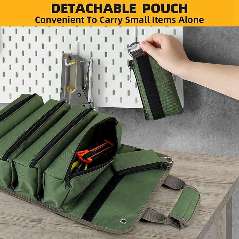 Tool Bag Roll Up Portable Tool Storage With 2 Removable Zipper Pockets