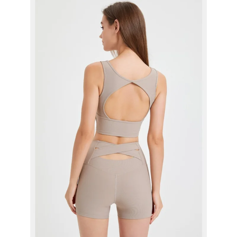 Fitness Suit Women High Waist Cross Sports Shorts Running Quick Dry Fixed Chest Pads Back Water Drops Hollow Bra 2 Pcs Yoga Set yoga set,sports set,gym workout set,sportswear set,fitness set,sports bra set,yoga pants set,sports set shorts