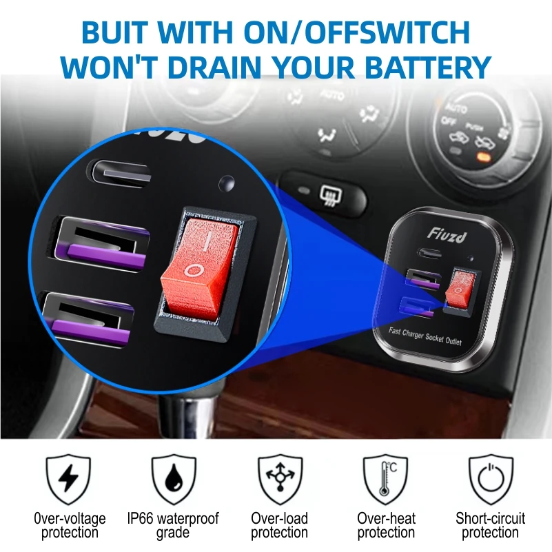Premium Metal USB Charger Socket - 60W High-Speed Car Charger with PD USB-C & Dual QC3.0 Ports, Touch Switch for Vehicles & Marine Use