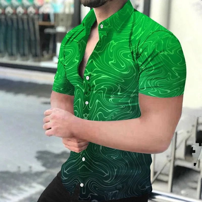 Summer Men's Lapel Single Breasted Cardigan Geometric Pattern Printed Short Sleeved T-shirt Shirt Fashion Casual Vacation Tops