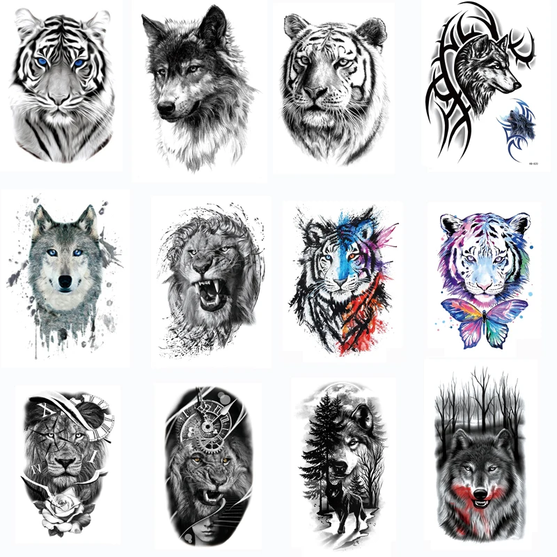 

Temporary Tattoos for Men Tiger Lion Body Stickers for Arm Legs Fake Tattoo Wolf for Women Bodi Art Tattoo Temporari Waterproof