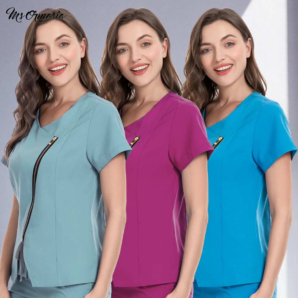 

Medical Nurse Uniforms Oblique Zipper Closure T-Shirts Beauty Salon Blouse Jogger Shirts Spa Hotel Clothes Clinical Scrubs Tops