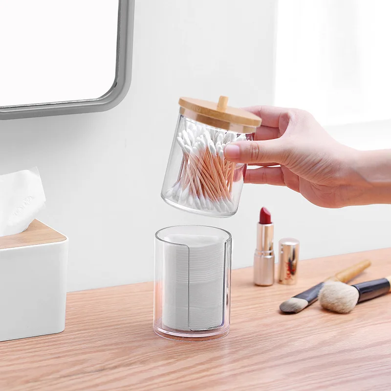 Cotton Swab Organizer Storage Bamboo Cover Acrylic Round Organizer Makeup Storage Box Container Organizadores makeup organizer makeup storage box cosmetic storage box cotton swab holder