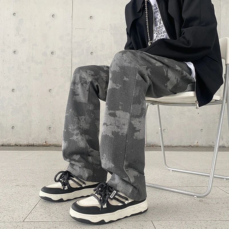 Dark Tie-Dyed Printed Jeans Men's Micro-Pull Niche Design Casual Long Pants Non-Elastic Fashion