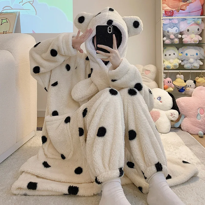 Coral Fleece  Print Nightgown Women Autumn and Winter New Fleece-lined Thickened Cute Hood Long Pajamas Home Wear Set