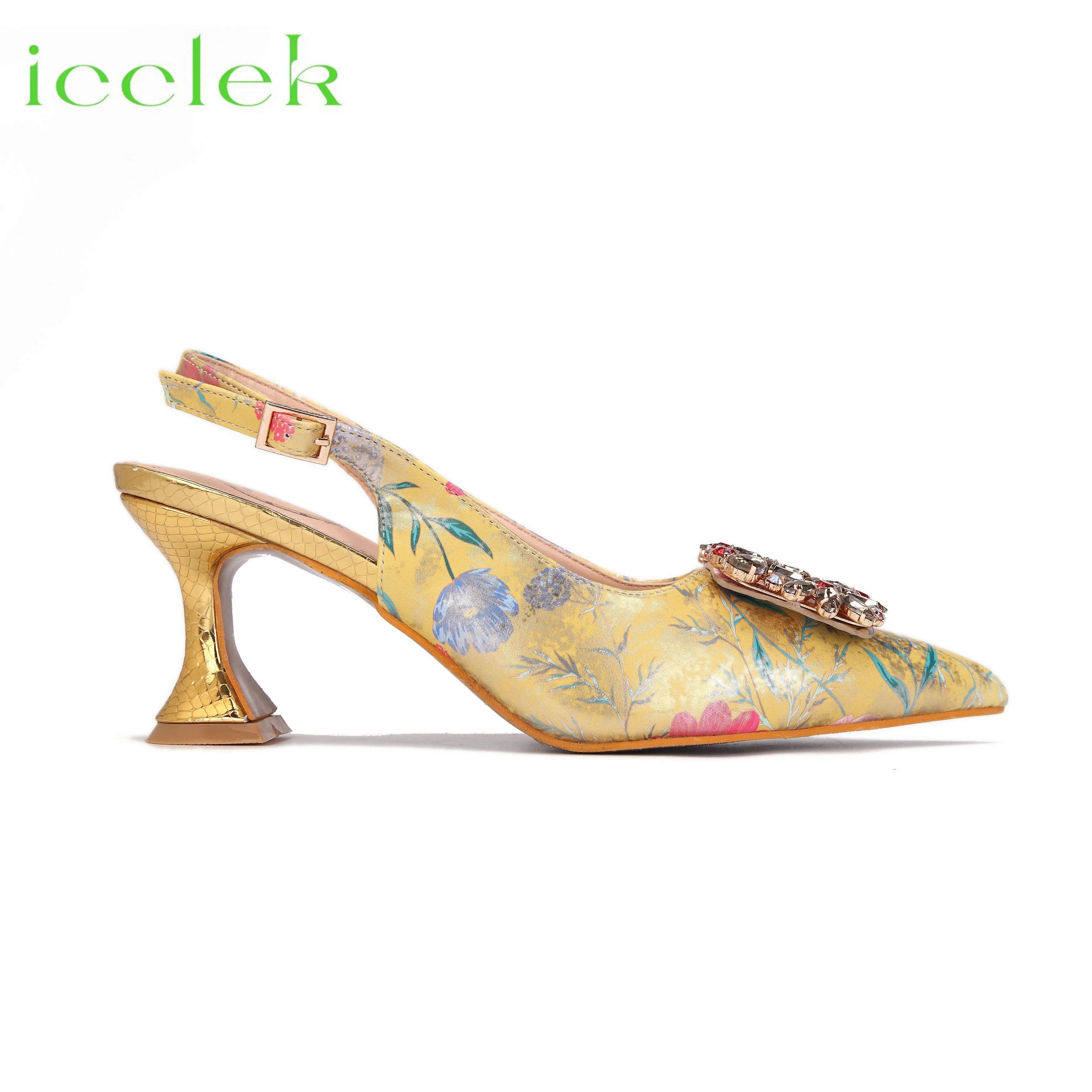 Women High Heels Sandals Printing Flower Material with Rhinestone Italian Design Coffee Color Pointed Toe Shoes and Bags Set