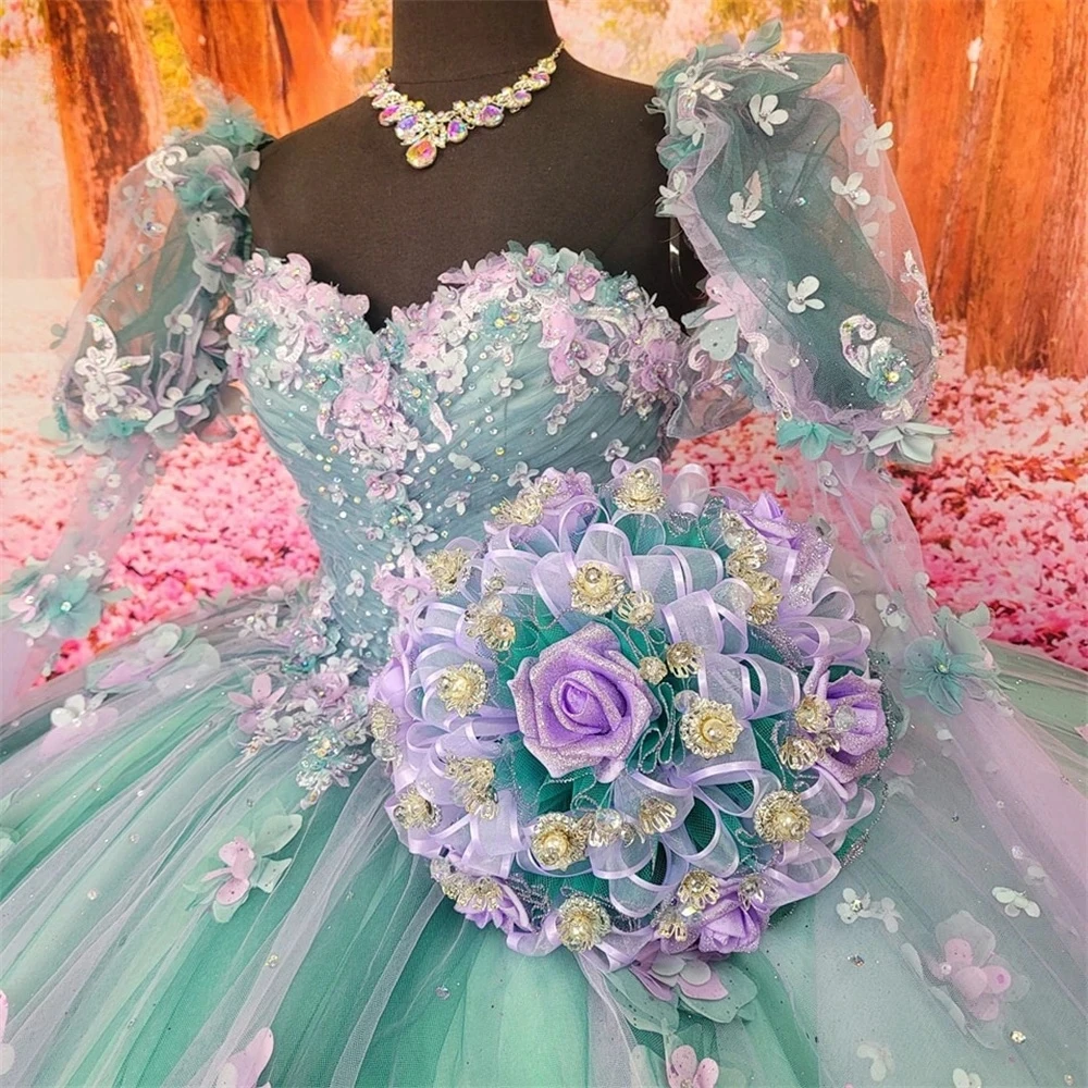 

Princess Quinceanera Dresses Ball Gown Long Sleeves Tulle Floral Sweet 16 Dresses 15 Años Mexican