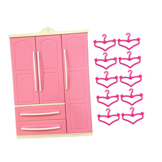 Doll Openable Wardrobe Closet Holiday Present Cute Decorative with 10 Hangers Doll Furniture Valentines Day Gifts for Kids