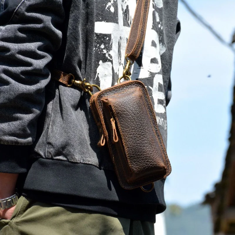 

Crazy Horse Leather New Waist Bag for Men Belt Mini Bag Pure Cowhide Phone Bag Retro Messenger Bag