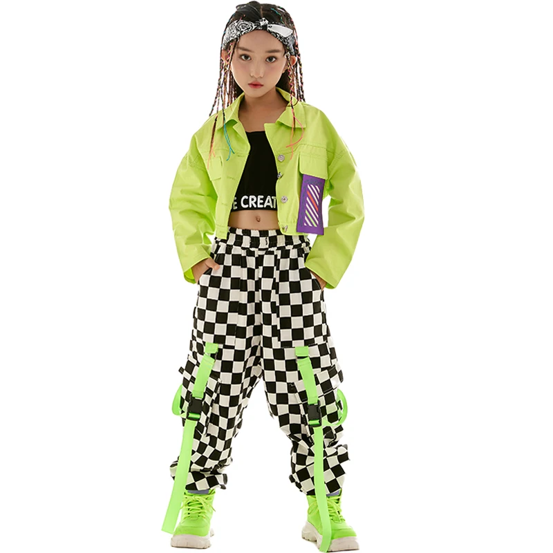 Girl Dance Costume Children Costumes Hip Hop Costume Jazz Dance Kpop Outfit Stage Wear Fashion Girls Clothes Green Jacket Checkered Pants Long Sleeves Kids