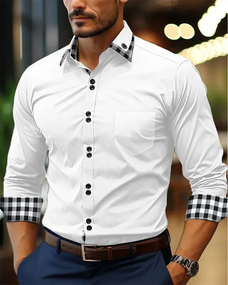 Men's shirt button-up shirt black white pink burgundy long sleeve plaid color block lapel patchwork clothing fashion casual 6XL men oversized cotton plaid shirt 2021 autumn man hip hop patchwork button up long sleeve shirt couple korean harajuku clothing