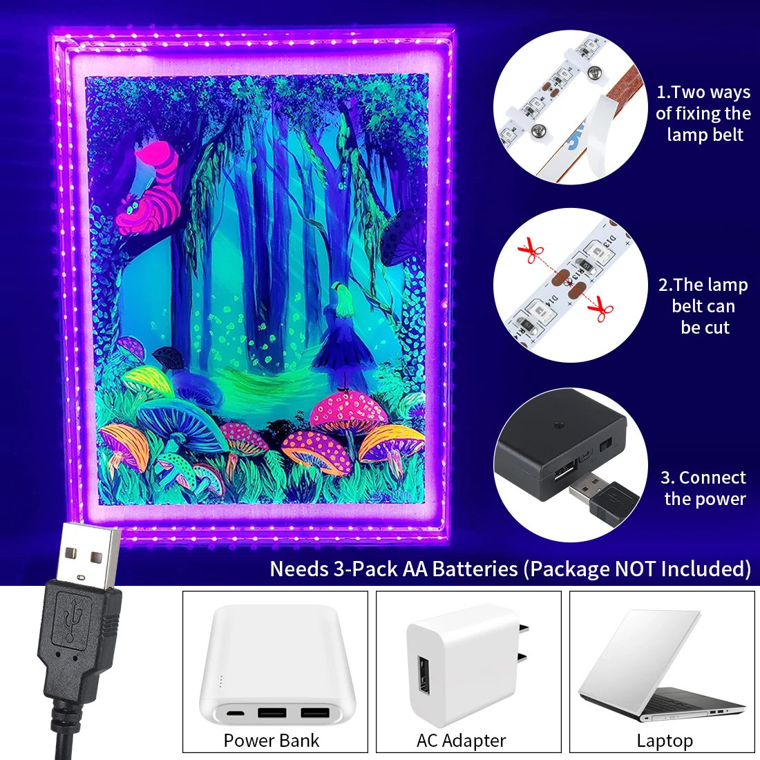 LED UV Strip light, USB Black Bar lamp, battery powered, Halloween glow-in-the-dark neon party decoration, 16.4 ft/5M.