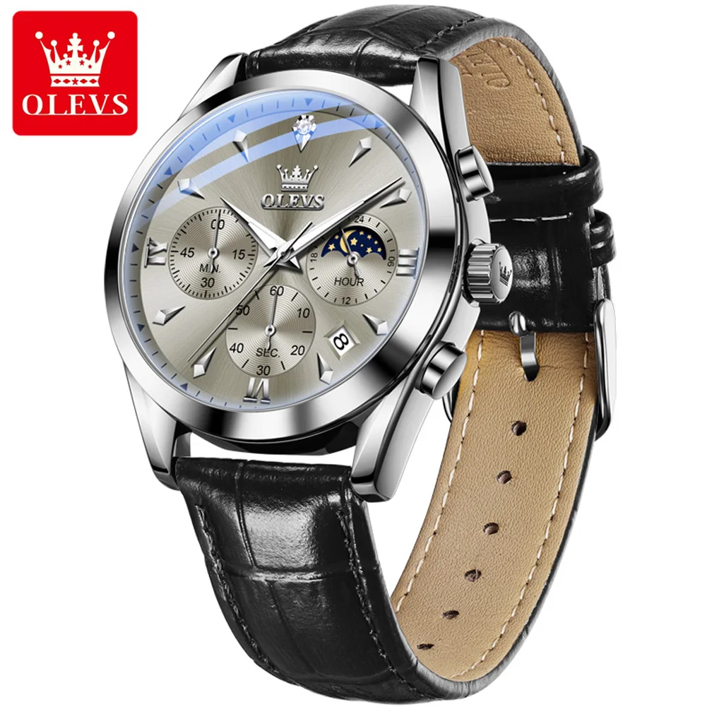 OLEVS Original Quartz Watch for Men Luxury Top Leather Strap Waterproof Moon Phase Chronograph Sports Wristwatch Auto Date Clock