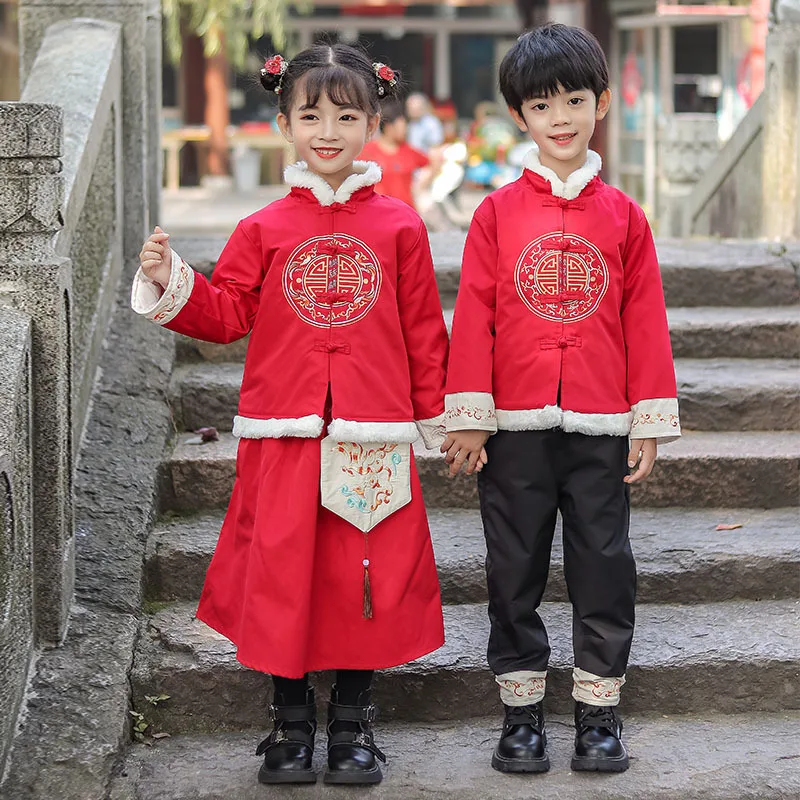 Winter Girls New Year Dress chinese Lovely Embroidery Kids Tang Suit Boys Thick And Quilted Cotton Perform Costumes |