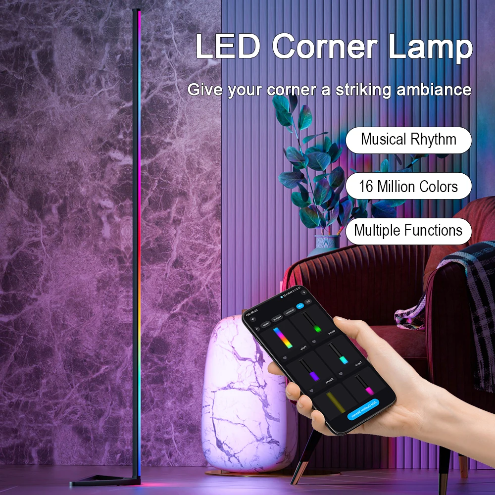 

RGB corner floor lamp, Bluetooth LED atmosphere lamp, living room, bedroom, dimmable art home, vertical decorative light.