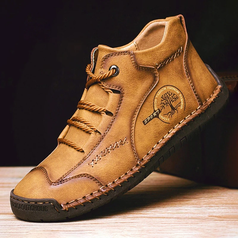Hand-stitching Leather Boots Men Shoes Casual Boots Fall Patent Retro Leather Ankle