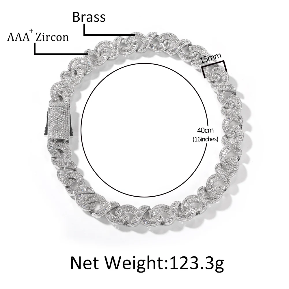 15mm Cross Link Cuban Chain Setting Iced Out Square Cubic Zirconia Fashion Charm Necklace For Women Man