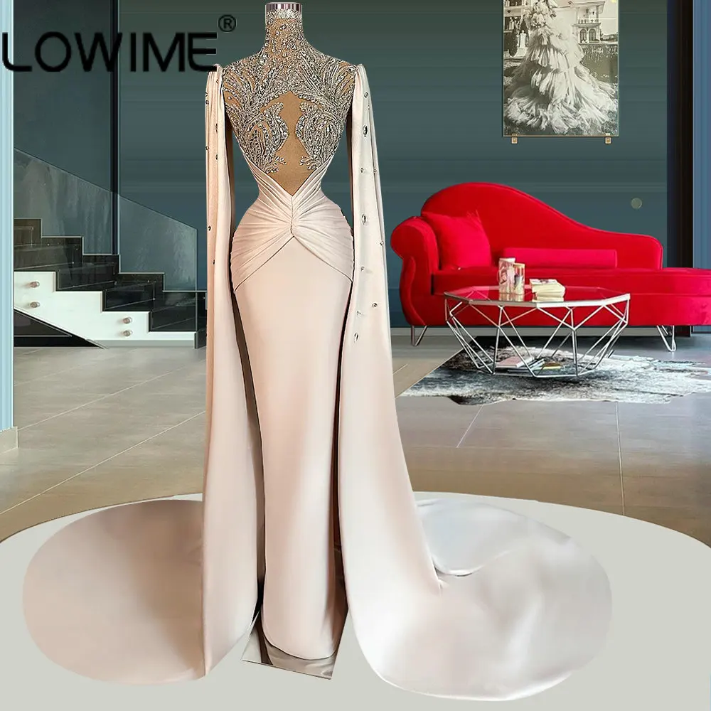 

Arabic Robes Dubai High Neck Muslim Shoulder Cape Long Evening Dresses Glittery Crystals Pleats Formal Satin Fitted Party Gowns