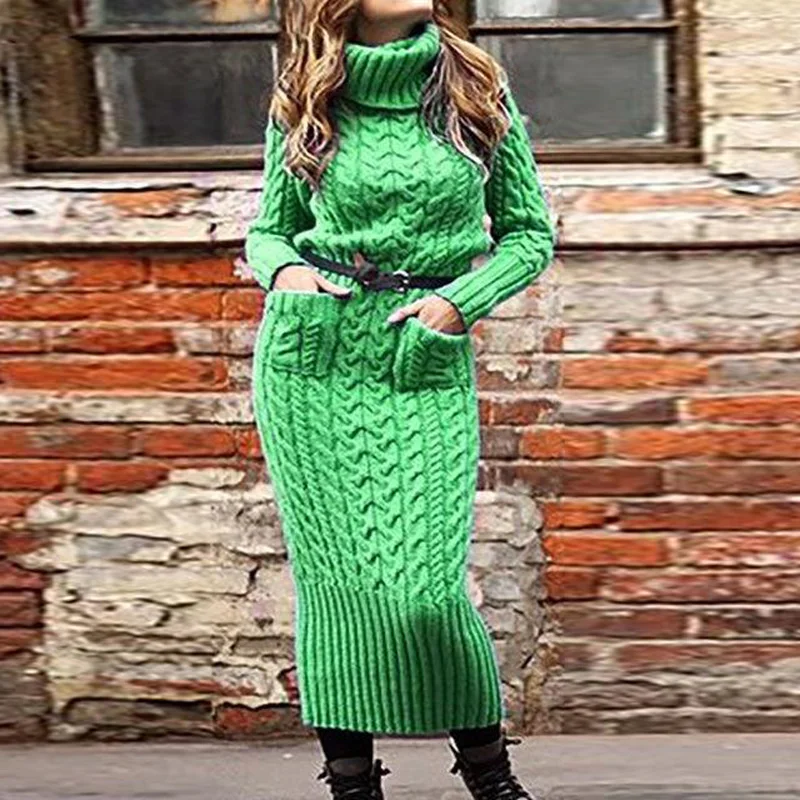 New Style Knitted Dress Women Winter Elegant High neck Pencil Skirt