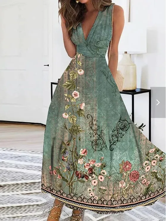 thumbnail image 1 of Vestido largo informal de verano con escote en V, sin mangas, ajustado, sexy, estampado blanco, floral, elegante, para fiestas y vacaciones, 1 of 5