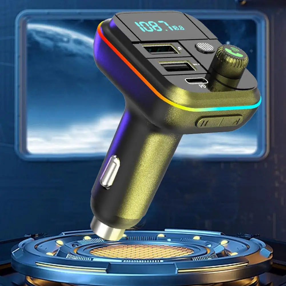 Car Fast Charge Bluetooth 5.0 FM Transmitter PD Dual Player Music Type-C Colorful Ambient MP3 Light Cigarette Lighter USB
