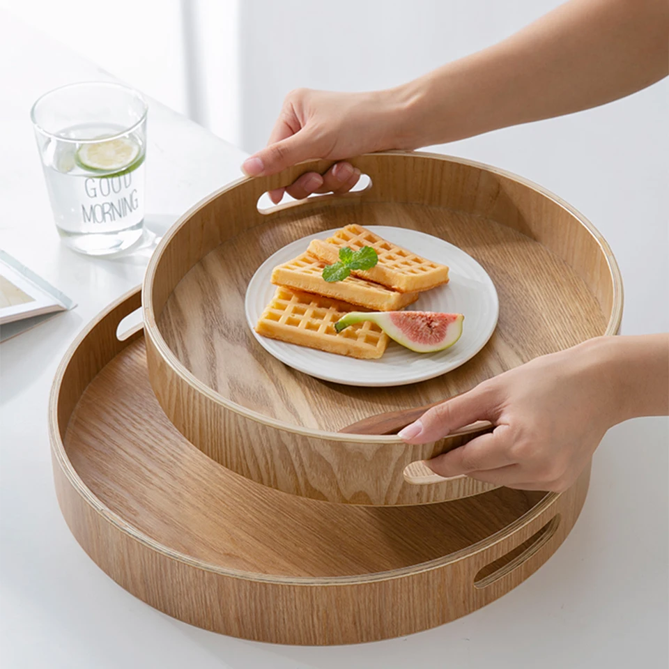 Natural Solid Wood Round Gold Tray Metal Handle Meal Tray Multifunctional  Decorative Tray Thick and Durable Food Tray - AliExpress