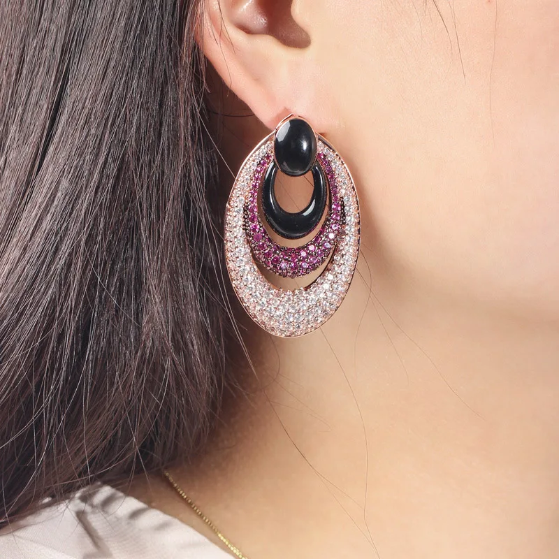 ThreeGraces Nigerian Luxury Brand Micro Pave Cubic Zirconia Rose Glod Color Big Round Dangle Earrings Jewelry for Women ER025