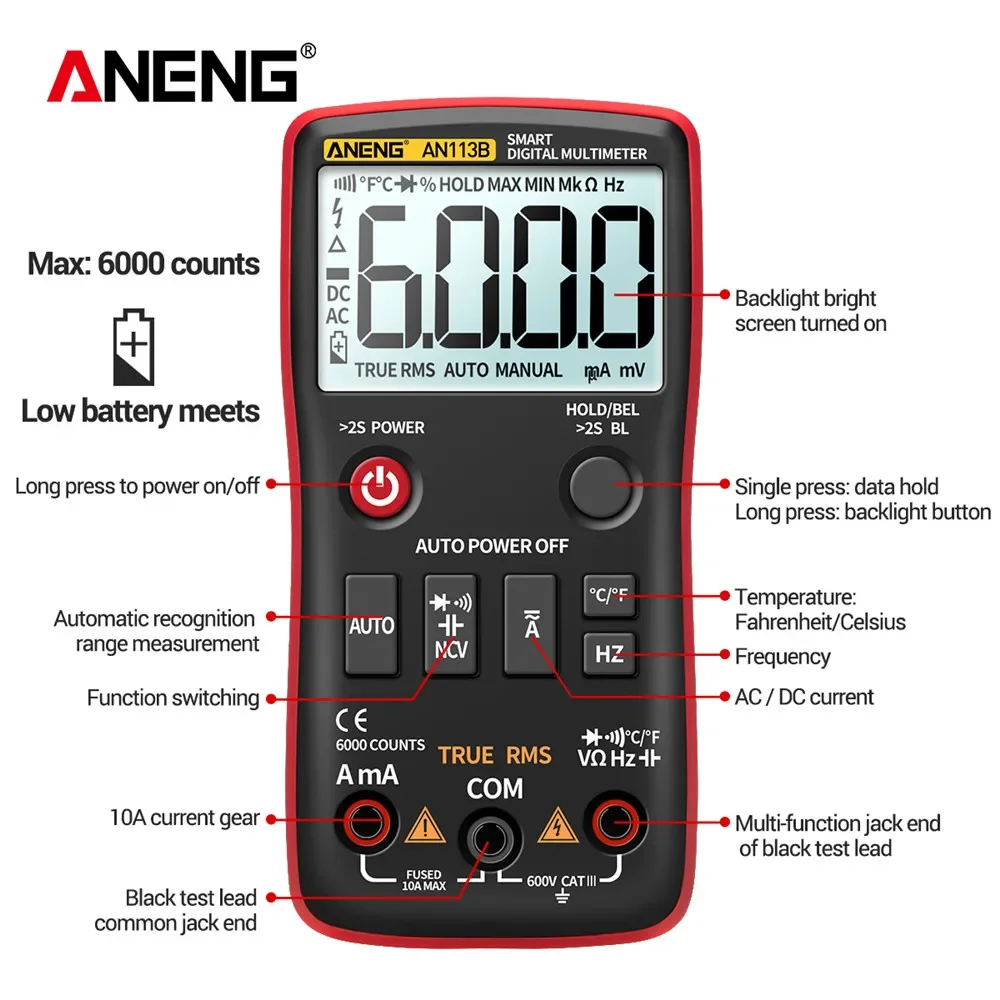 ANENG AN113B Digital Multimeter True RMS with Temperature Tester 6000 Counts Auto-Ranging AC/DC Transistor Voltage Meter digital multimeter