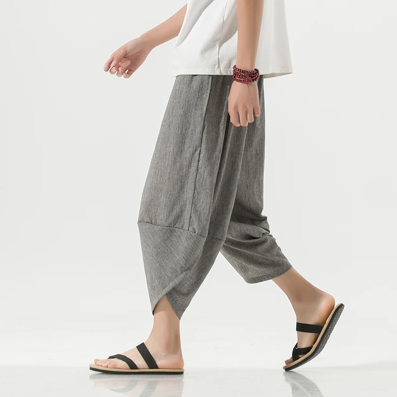 2023 Summer Harajuku Calf Length Casual Men's Pants Wide Leg Cotton Linen Harem Baggy Pants Fashion Men's Clothing 2