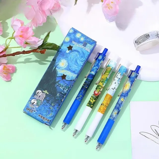 4Pcs/Box Trendy Van Gogh Oil Painting Press Gel Pen Black Ink ST 0.5mm Ballpoint Pens Stationery Quick-Drying Pens Student 4