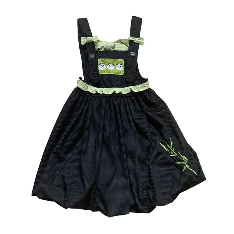 

Japanese Panda Embroidery Sleeveless Dress Lolita Kawaii Bow Overalls Black Casual Vintage Corduroy Strap Suspender Dress