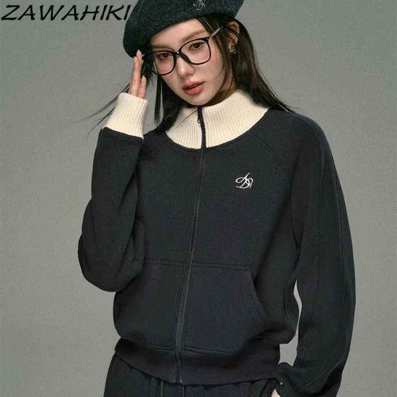 

ZAWAHIKI Knitted Cardigan American Patchwork Contrast Color Stand Collar Zipper Embroidery Chic Fashion Vintage Sweater Women