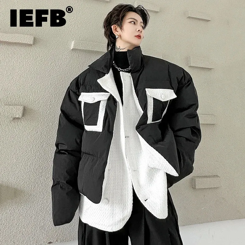 

IEFB Winter Men's Padded Jackets Contrast Color Fake Two Piece Spliced Loose Cotton Coat Niche Design 2023 Trend Clothing 9C3435