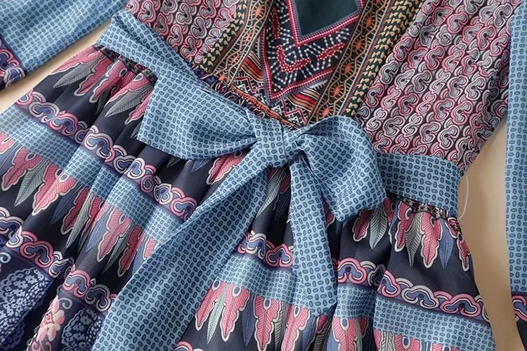 Designer de Moda Seasixiang Primavera Verão Vestido Feminino O-pescoço Lanterna Manga Faixas Indie Folk Imprimir Vestidos Longos 11 Online shopping