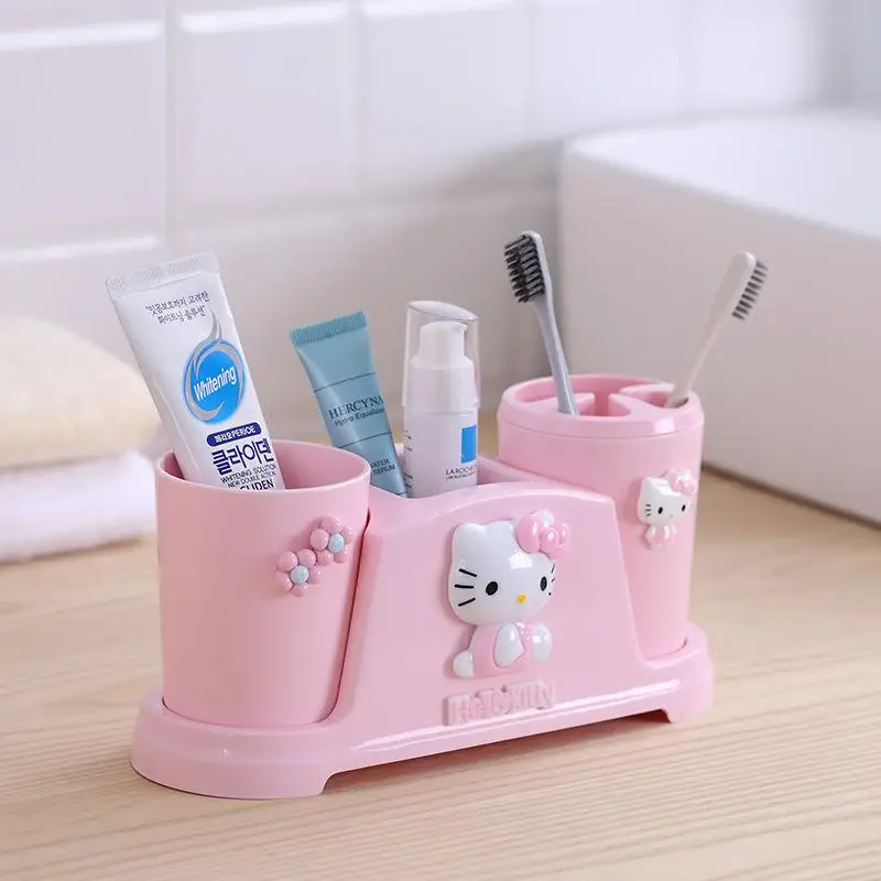Kawaii Sanrio Hello Kitty Toothbrush Holder Cartoon Plastic Toothbrush Holder Mouthwash Cup Toothpaste Tube Storage Rack