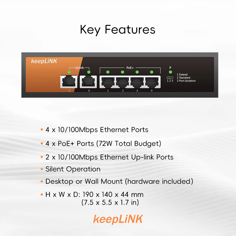 KeepLiNK 이더넷 RJ45 업링크용 메가비트 스위치, 4-PoE 포트, 2 포트, 6 포트