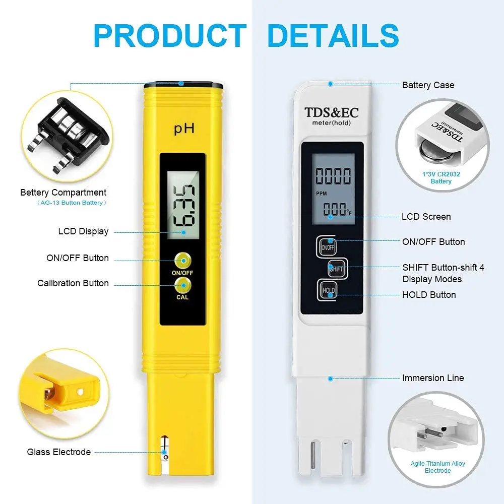 TDS 미터 디지털 워터 테스터 고정밀 디지털 0-14 PH 미터 테스터 0-9990ppm TDS & EC LCD 물 순도 PPM 수족관 필터